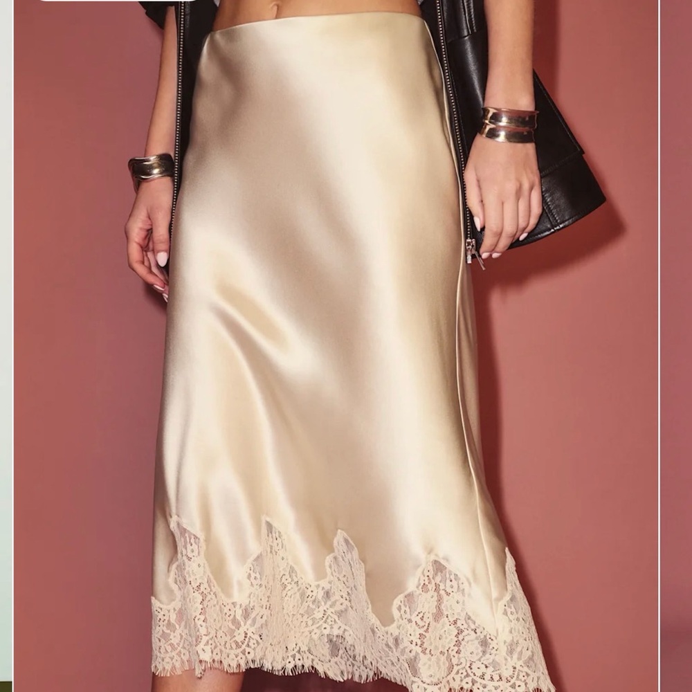 Reformation Cream Satin Midi Skirt with Lace